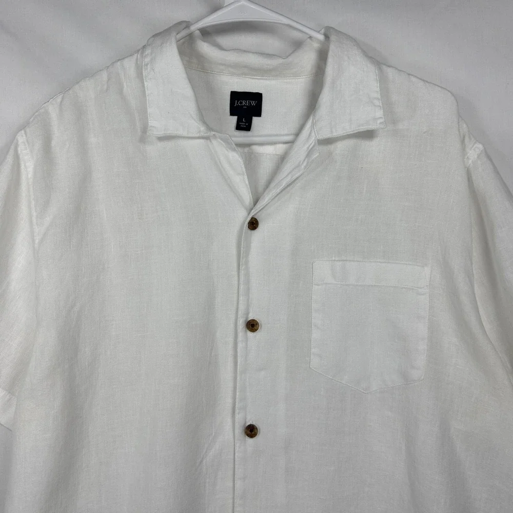 J.Crew White Short Sleeve Linen Camp Collar Button Down Shirt – Size Large (L)